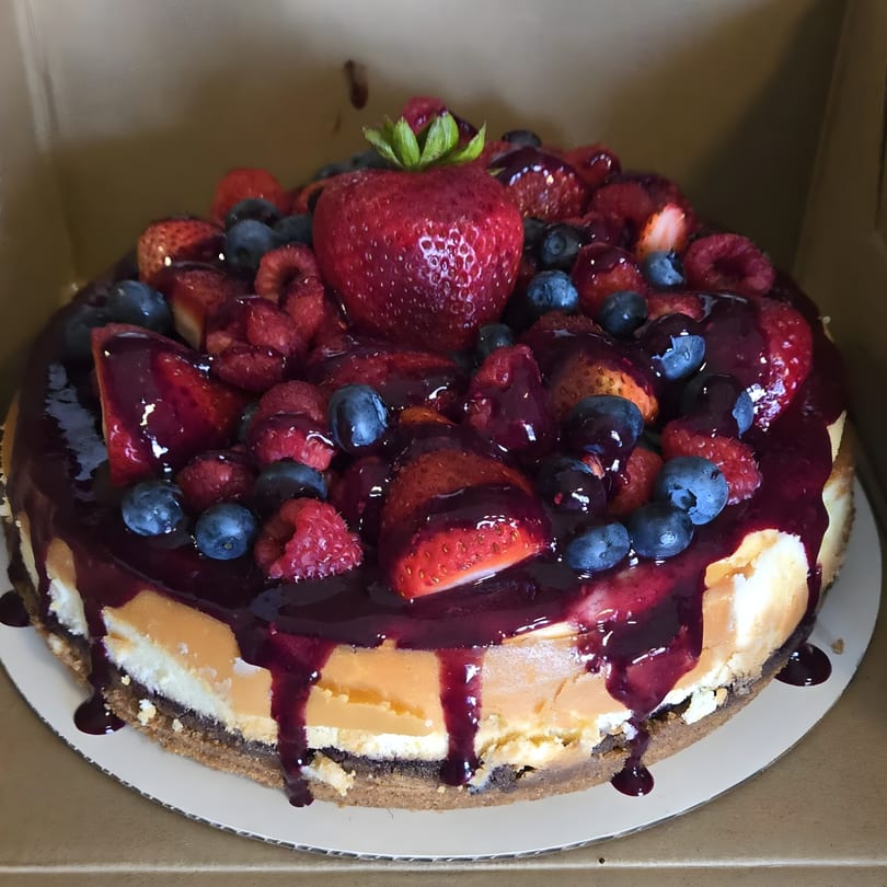 Cheesecake topped with strawberries, blueberries, raspberries, and a berry glaze in a cardboard box.